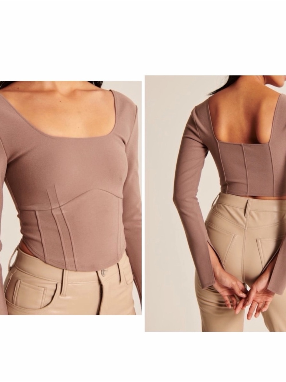 Abercrombie & Fitch Long Sleeve Corset Scoopneck Top Taupe
